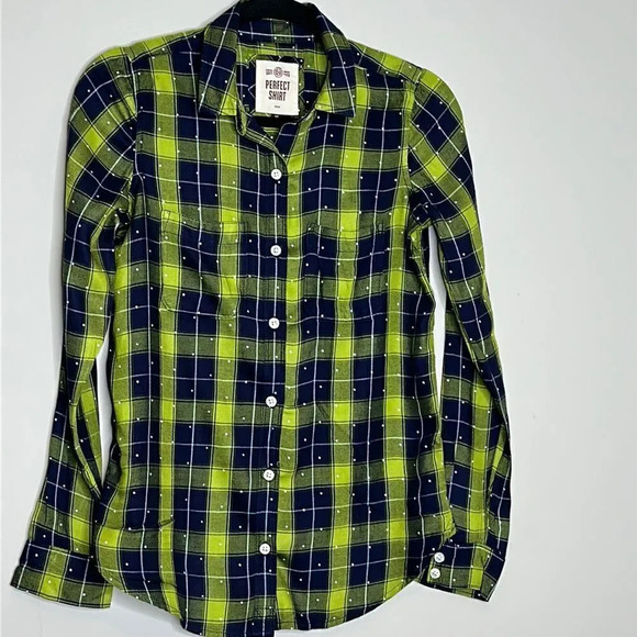 SO S Plaid Flannel Shirt Green Navy Blue White Polka Dot So Soft - Picture 1 of 9